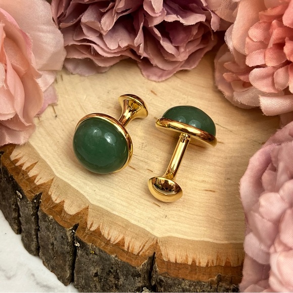 Elegant Round Green Aventurine Quartz Cufflinks - Picture 11 of 17